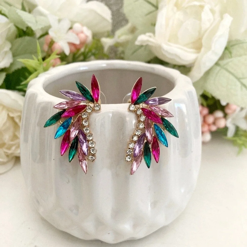 Gold Tone Multicolor Marquise Rhinestone Statement Earrings wedding party 💖